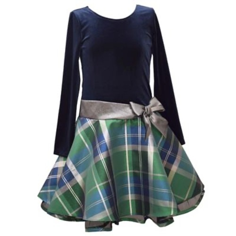 Bonnie Jean Big Girls Long Sleeve Velvet Bodice‎ with Plaid Skirt Dress - Navy